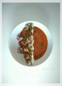 Spinach and peanut sambar,rice, spicy fried oyster mushrooms and a pomegranate and cucumber salad